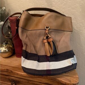Elegant Tan and Black Burberry Hobo Bag with Tassel